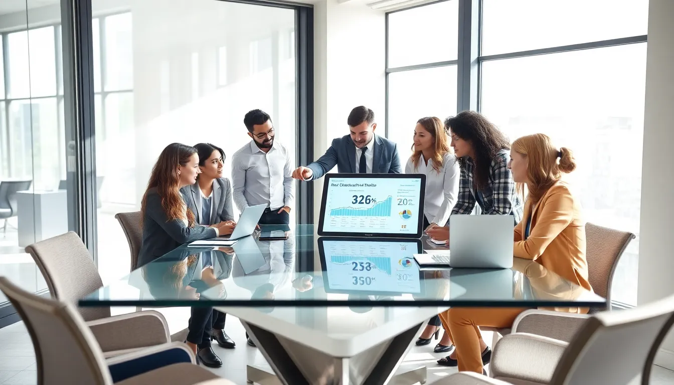 diverse team discussing telecommunications in a modern office setting.