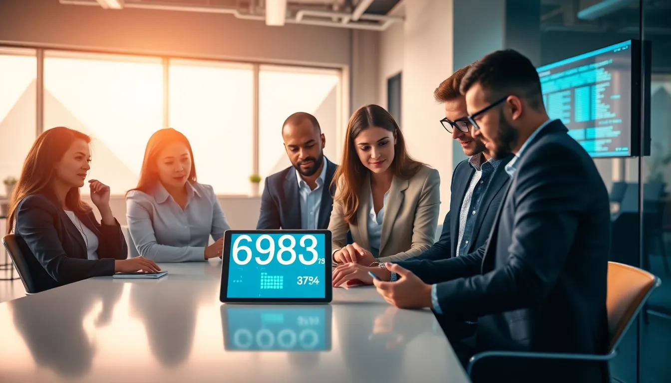 professionals collaborating over a digital interface in a modern office.