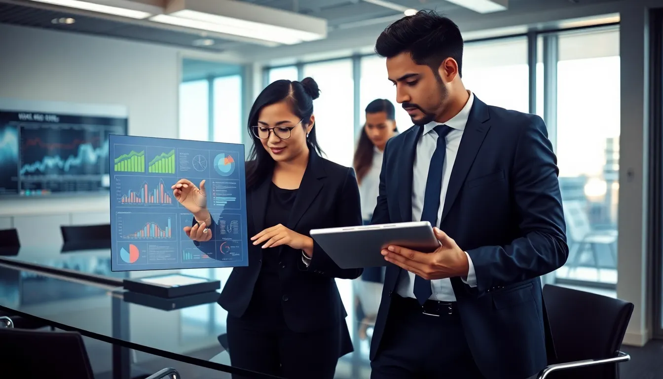 professionals analyzing data in a modern office setting.